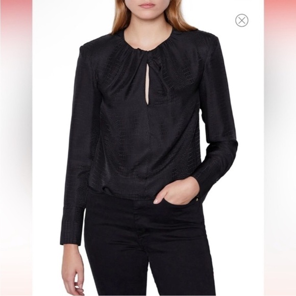 Frame Black 100% Silk Twist Keyhole Neck Jacquard Blouse Size Large Shoulderpad